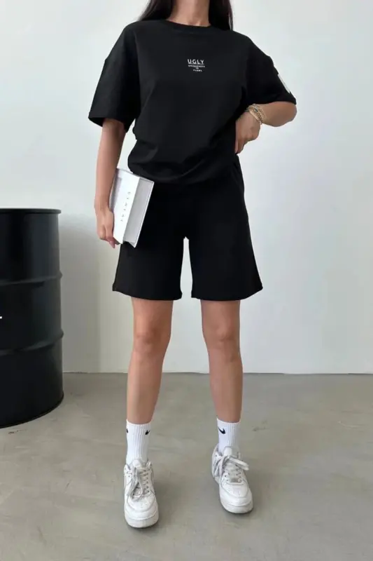 Ugly Baskılı Siyah Şort T-shirt Takım Oversize Bisiklet Yaka Tişört Takım Unisex - Siyah - 3