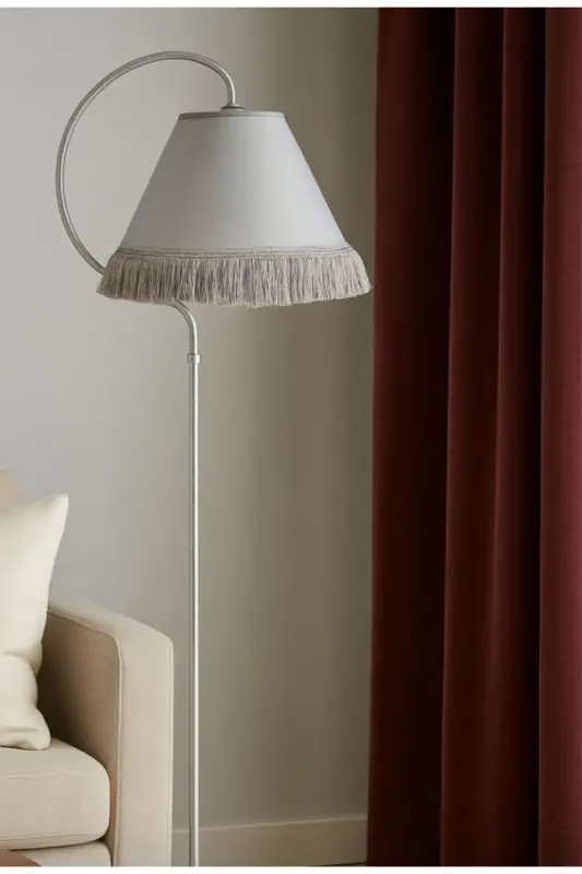 Çise Lambader Elips Siyah Gümüş Patine Gri Püsküllü ⭐️Açık Gri Kumaş Tek Ayaklı Lambader Salon Lamba-SİYAH GÜMÜŞ PATİNE - 2