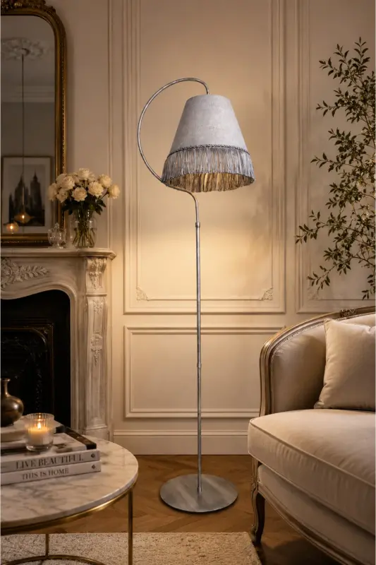 Cise Ellipse Black Silver Patina Gray Tassel Floor Lamp - 1