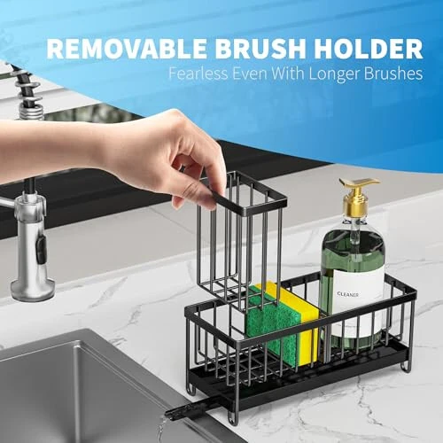 Cisily Black Sponge Holder for Kitchen Sink, Sink Caddy Organizer with High Brush Holder, Kitchen Countertop Organizers and Storage Essentials, Rustproof 304 Stainless Steel, Soap Dispenser Organize - 3