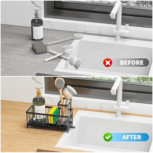 Cisily Black Sponge Holder for Kitchen Sink, Sink Caddy Organizer with High Brush Holder, Kitchen Countertop Organizers and Storage Essentials, Rustproof 304 Stainless Steel, Soap Dispenser Organize - 6