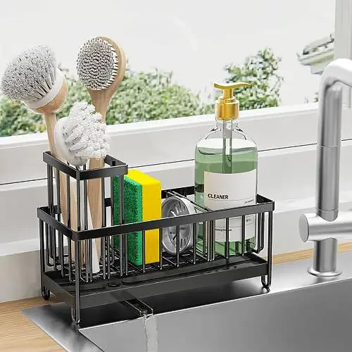 Cisily Black Sponge Holder for Kitchen Sink, Sink Caddy Organizer with High Brush Holder, Kitchen Countertop Organizers and Storage Essentials, Rustproof 304 Stainless Steel, Soap Dispenser Organize - 1