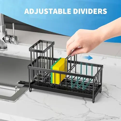 Cisily Black Sponge Holder for Kitchen Sink, Sink Caddy Organizer with High Brush Holder, Kitchen Countertop Organizers and Storage Essentials, Rustproof 304 Stainless Steel, Soap Dispenser Organize - 4