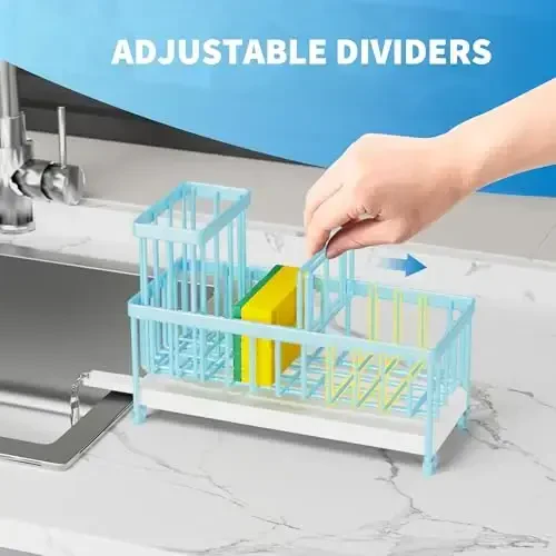 Cisily Blue Sponge Holder for Kitchen Sink, Sink Caddy Organizer with High Brush Holder, Kitchen Countertop Organizers and Storage Essentials, Rustproof 304 Stainless Steel, Soap Dispenser Organize - 4
