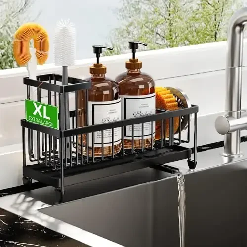 Cisily Extra Large Black Sponge Holder for Kitchen Sink, Sink Caddy Organizer with High Brush Holder, Kitchen Countertop Organizers and Storage Essentials, Rustproof 304 Stainless Steel 