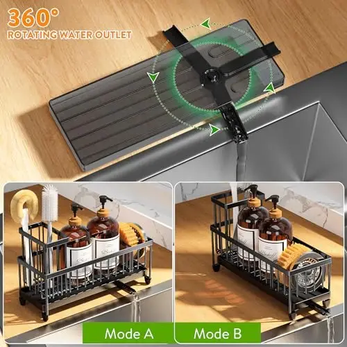 Cisily Extra Large Black Sponge Holder for Kitchen Sink, Sink Caddy Organizer with High Brush Holder, Kitchen Countertop Organizers and Storage Essentials, Rustproof 304 Stainless Steel - 3