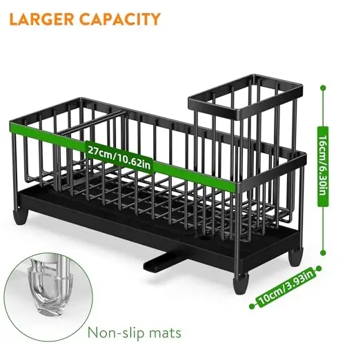 Cisily Extra Large Black Sponge Holder for Kitchen Sink, Sink Caddy Organizer with High Brush Holder, Kitchen Countertop Organizers and Storage Essentials, Rustproof 304 Stainless Steel - 4