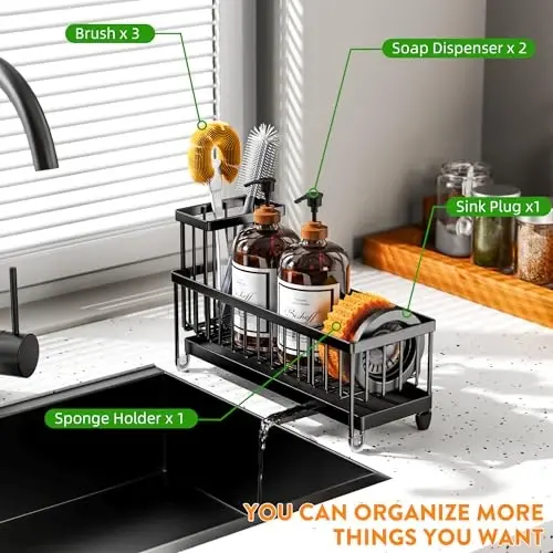 Cisily Extra Large Black Sponge Holder for Kitchen Sink, Sink Caddy Organizer with High Brush Holder, Kitchen Countertop Organizers and Storage Essentials, Rustproof 304 Stainless Steel - 6