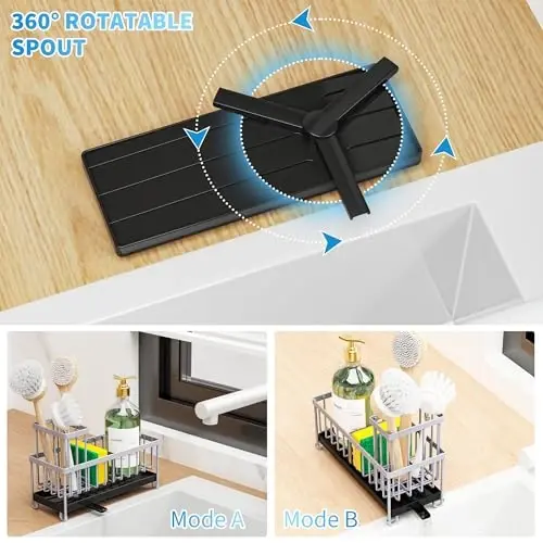 Cisily Light Gray Sponge Holder for Kitchen Sink, Sink Caddy Organizer with High Brush Holder, Kitchen Countertop Organizers and Storage Essentials, Rustproof 304 Stainless Steel, Soap Dispenser - 3