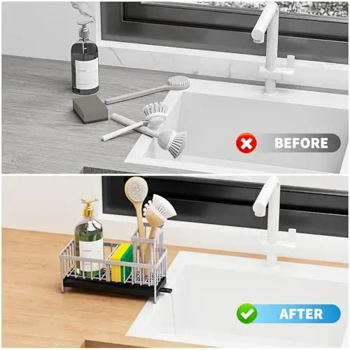 Cisily Light Gray Sponge Holder for Kitchen Sink, Sink Caddy Organizer with High Brush Holder, Kitchen Countertop Organizers and Storage Essentials, Rustproof 304 Stainless Steel, Soap Dispenser - 4