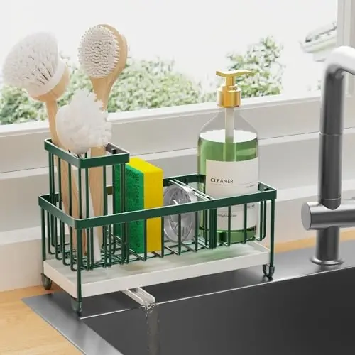 Cisily Oshxona uchun gubka ushlagichi, baland cho'tka ushlagichi bilan lavabo uchun Caddy Organizer, peshtaxta organizatorlari va zanglamaydigan 304 zanglamaydigan po'latdan yasalgan, to'q yashil oshxona dekorasi va aksessuarlari - 1