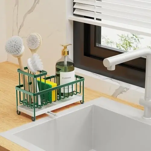 Cisily Oshxona uchun gubka ushlagichi, baland cho'tka ushlagichi bilan lavabo uchun Caddy Organizer, peshtaxta organizatorlari va zanglamaydigan 304 zanglamaydigan po'latdan yasalgan, to'q yashil oshxona dekorasi va aksessuarlari - 6