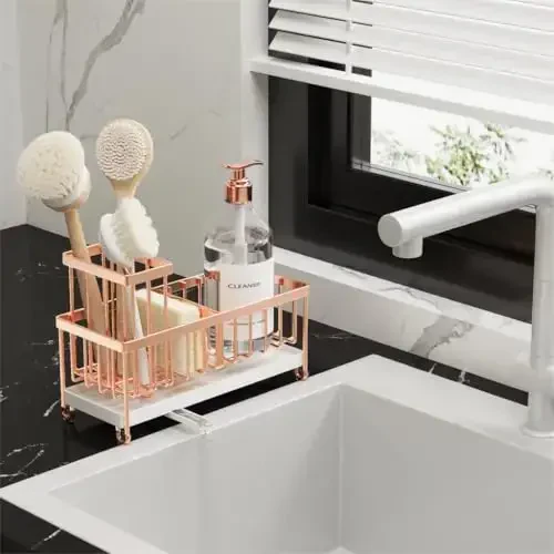 Cisily Rose Gold Sponge Holder for Kitchen Sink, Sink Caddy Organizer with High Brush Holder, Kitchen Countertop Organizers and Storage Essentials, Rustproof 304 Stainless Steel, Soap Dispenser - 6