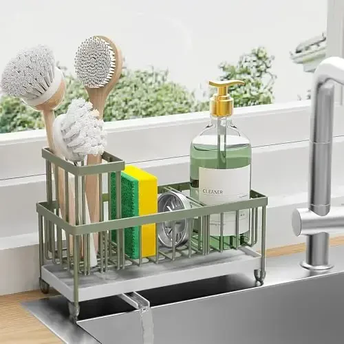 Cisily Sage Green Sponge Holder for Kitchen Sink, Sink Caddy Organizer with High Brush Holder, Kitchen Countertop Organizers and Storage Essentials, Rustproof 304 Stainless Steel, Soap Dispenser - 1
