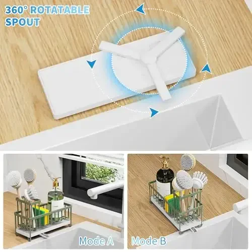 Cisily Sage Green Sponge Holder for Kitchen Sink, Sink Caddy Organizer with High Brush Holder, Kitchen Countertop Organizers and Storage Essentials, Rustproof 304 Stainless Steel, Soap Dispenser - 2