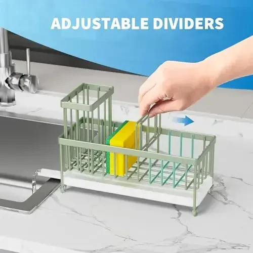 Cisily Sage Green Sponge Holder for Kitchen Sink, Sink Caddy Organizer with High Brush Holder, Kitchen Countertop Organizers and Storage Essentials, Rustproof 304 Stainless Steel, Soap Dispenser - 4