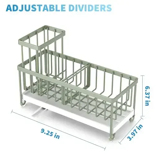 Cisily Sage Green Sponge Holder for Kitchen Sink, Sink Caddy Organizer with High Brush Holder, Kitchen Countertop Organizers and Storage Essentials, Rustproof 304 Stainless Steel, Soap Dispenser - 5