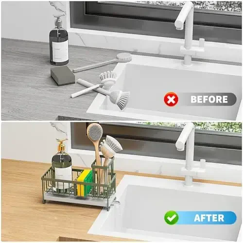 Cisily Sage Green Sponge Holder for Kitchen Sink, Sink Caddy Organizer with High Brush Holder, Kitchen Countertop Organizers and Storage Essentials, Rustproof 304 Stainless Steel, Soap Dispenser - 6