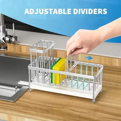 Cisily Silver Sponge Holder for Kitchen Sink, Sink Caddy Organizer with High Brush Holder, Kitchen Countertop Organizers and Storage Essentials, Rustproof 304 Stainless Steel, Soap Dispenser Organize - 4