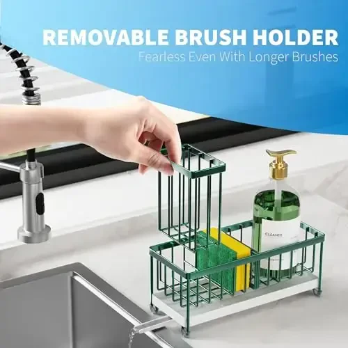 Cisily Sponge Holder for Kitchen Sink, Sink Caddy Organizer with High Brush Holder, Countertop Organizers and Storage Rustproof 304 Stainless Steel, Dark Green Kitchen Decor and Accessories - 4