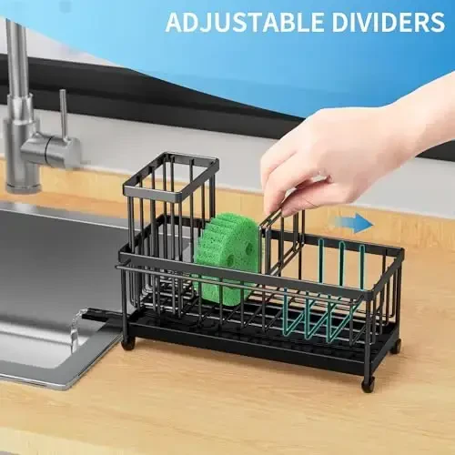 Cisily Sponge Holder for Kitchen Sink with Towel Rack, Sink Caddy with Kitchen High Brush Holder, Organzier Rustproof 304 Stainless Steel Dish Organizer Divider, Soap Dispenser Storage - 6