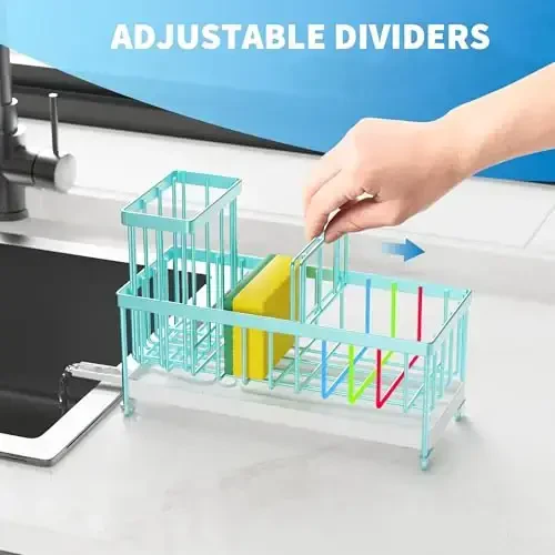 Cisily Turquoise Sponge Holder for Kitchen Sink, Sink Caddy Organizer with High Brush Holder, Kitchen Countertop Organizers and Storage Essentials, Rustproof 304 Stainless Steel, Soap Dispenser - 5