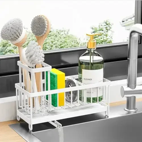 Cisily White Sponge Holder for Kitchen Sink, Sink Caddy Organizer with High Brush Holder, Kitchen Countertop Organizers and Storage Essentials, Rustproof 304 Stainless Steel, Soap Dispenser Organize 