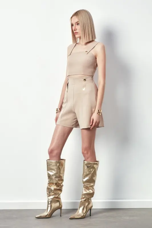 Çıt Detaylı Crop Bluz - Bej-BEJ - SATEEN