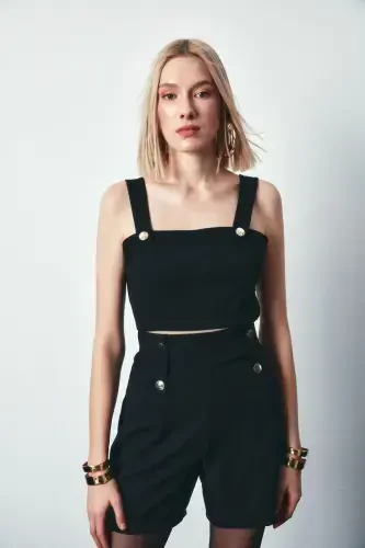 Çıt Detaylı Crop Bluz - Siyah-SİYAH - 3