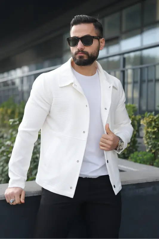 Çıtçıtlı Dokulu Gofre Astarlı Ceket-Beyaz Gofre - BASEL.CO