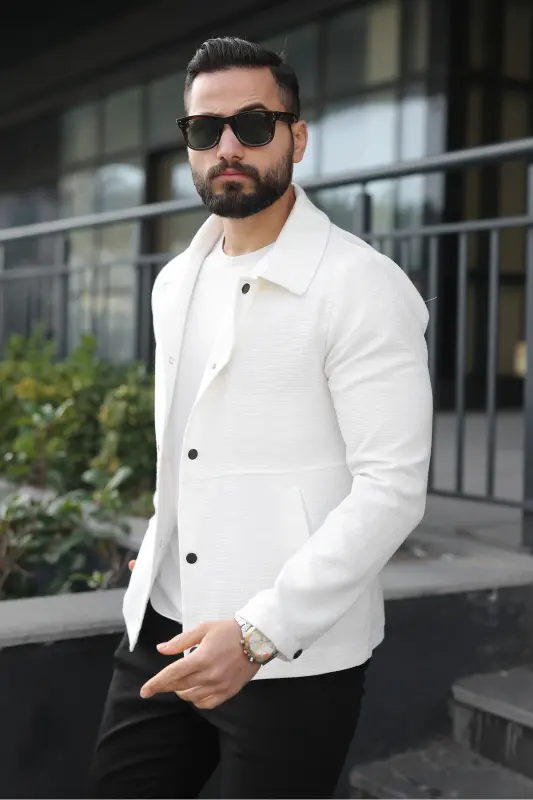 Çıtçıtlı Dokulu Gofre Astarlı Ceket-Beyaz Gofre - 2