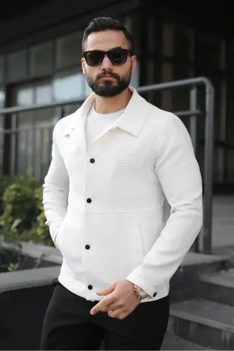 Çıtçıtlı Dokulu Gofre Astarlı Ceket-Beyaz Gofre - 3