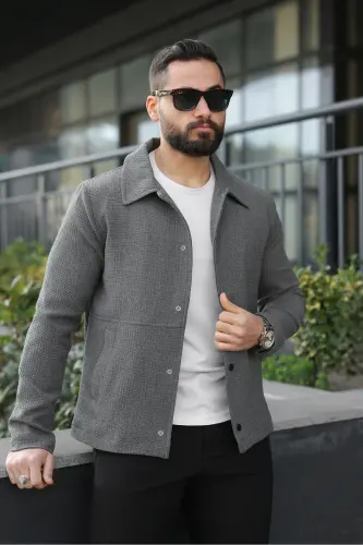 Çıtçıtlı Dokulu Gofre Astarlı Ceket-Koyu Gri Gofre - BASEL.CO (1)