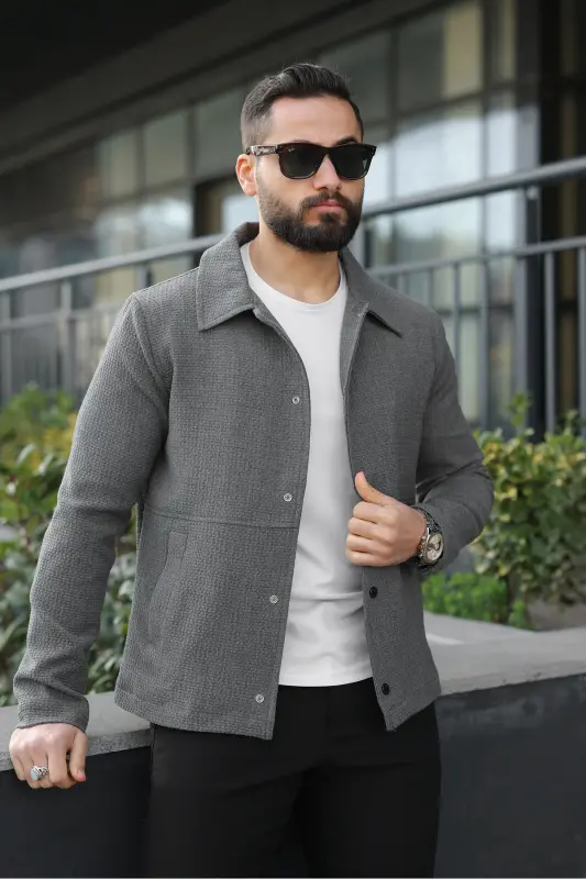 Çıtçıtlı Dokulu Gofre Astarlı Ceket-Koyu Gri Gofre - 2