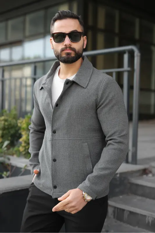 Çıtçıtlı Dokulu Gofre Astarlı Ceket-Koyu Gri Gofre - 3