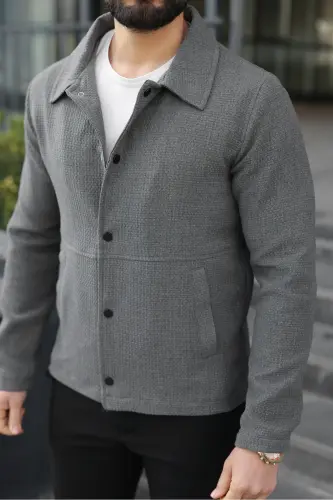 Çıtçıtlı Dokulu Gofre Astarlı Ceket-Koyu Gri Gofre - 4