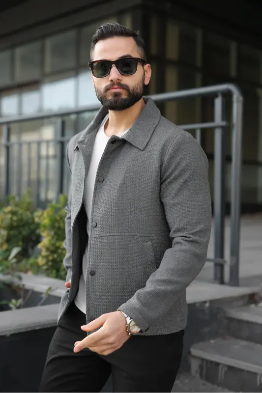 Çıtçıtlı Dokulu Gofre Astarlı Ceket-Koyu Gri Gofre - BASEL.CO