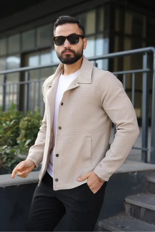 Çıtçıtlı Dokulu Gofre Astarlı Ceket-Krem Gofre - 1