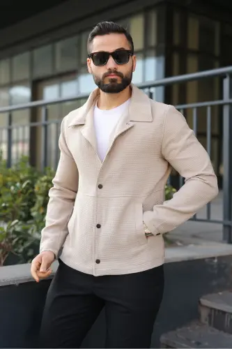 Çıtçıtlı Dokulu Gofre Astarlı Ceket-Krem Gofre - 2