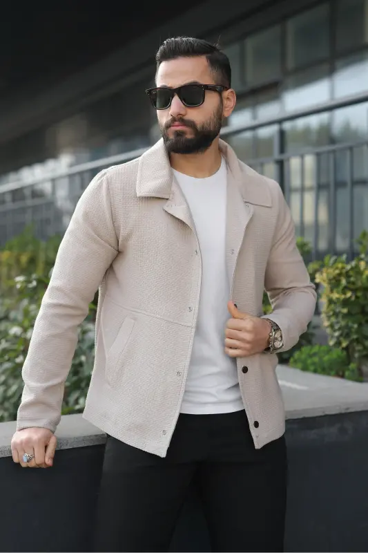 Çıtçıtlı Dokulu Gofre Astarlı Ceket-Krem Gofre - 3