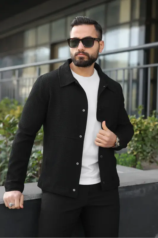 Çıtçıtlı Dokulu Gofre Astarlı Ceket-Siyah Gofre - 2