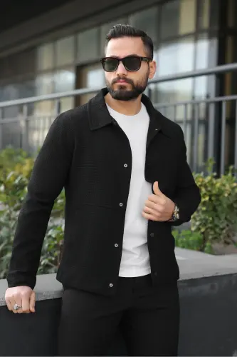 Çıtçıtlı Dokulu Gofre Astarlı Ceket-Siyah Gofre - BASEL.CO (1)