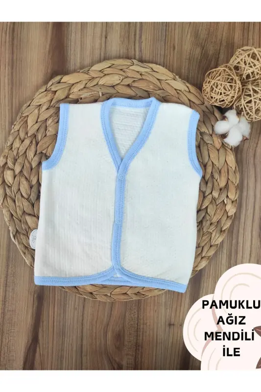 Bebek Yeleği Mavi-beyaz Mevsimlik %1oo Pamuklu Kız Erkek Bebek Çıtçıtlı Kolsuz Kapitone Bebek Yelek - MAVİ-EKRU - 1