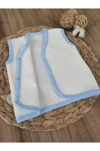 Bebek Yeleği Mavi-beyaz Mevsimlik %1oo Pamuklu Kız Erkek Bebek Çıtçıtlı Kolsuz Kapitone Bebek Yelek - MAVİ-EKRU - 4