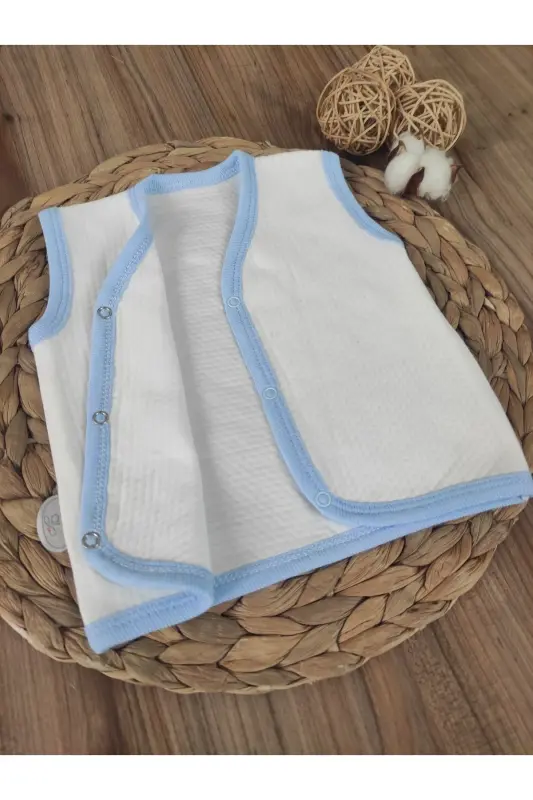 Bebek Yeleği Mavi-beyaz Mevsimlik %1oo Pamuklu Kız Erkek Bebek Çıtçıtlı Kolsuz Kapitone Bebek Yelek - MAVİ-EKRU - 4
