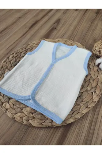 Bebek Yeleği Mavi-beyaz Mevsimlik %1oo Pamuklu Kız Erkek Bebek Çıtçıtlı Kolsuz Kapitone Bebek Yelek - MAVİ-EKRU - 5