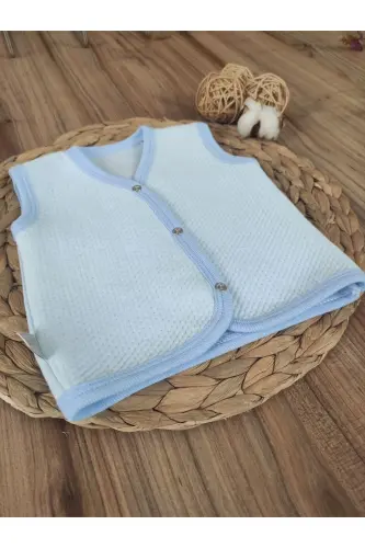 Bebek Yeleği Mavi-beyaz Mevsimlik %1oo Pamuklu Kız Erkek Bebek Çıtçıtlı Kolsuz Kapitone Bebek Yelek - MAVİ-EKRU - 6