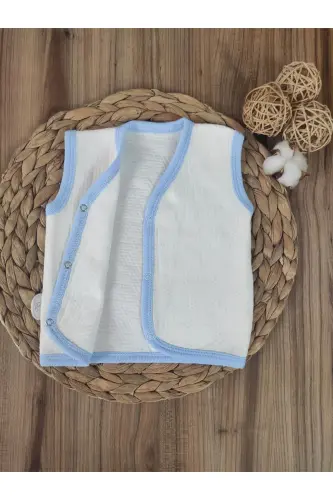 Bebek Yeleği Mavi-beyaz Mevsimlik %1oo Pamuklu Kız Erkek Bebek Çıtçıtlı Kolsuz Kapitone Bebek Yelek - MAVİ-EKRU - 7
