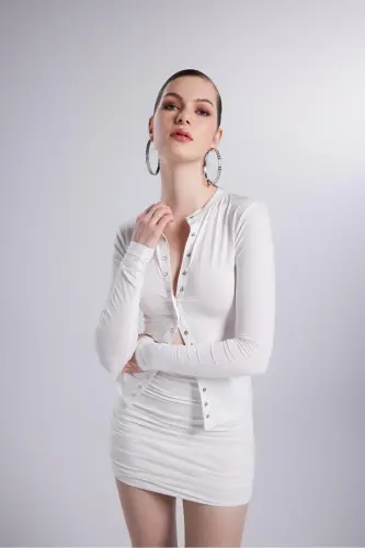 Çıtçıtlı Uzun Kollu Anna Bluz Beyaz-Beyaz - 2