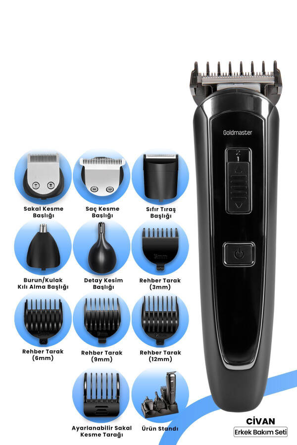 Civan 10 in 1 Stand-Up Zero Hair Beard Ear Nose Corded Cordless Men's Grooming Set - 25